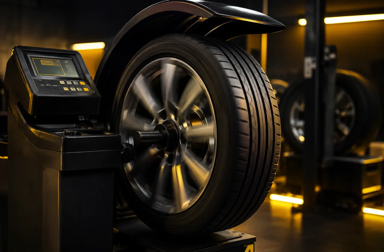 Wheel being balanced on a computerised balancing machine at Prime Tyres Bolton