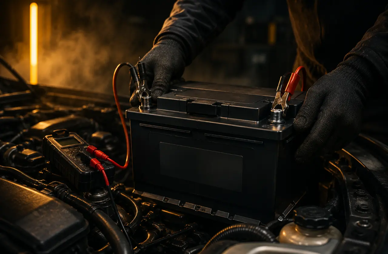 New car battery being tested and fitted at Prime Tyres Bolton