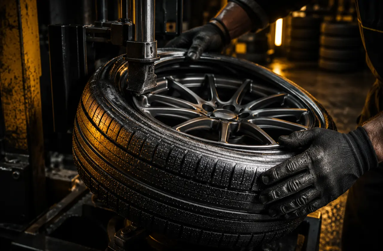 Technician fitting a brand new tyre onto an alloy wheel at Prime Tyres Bolton