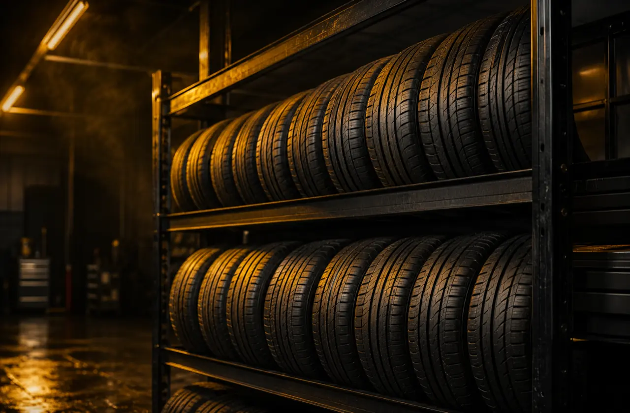 Rack of inspected quality part worn tyres with deep tread at Prime Tyres Bolton