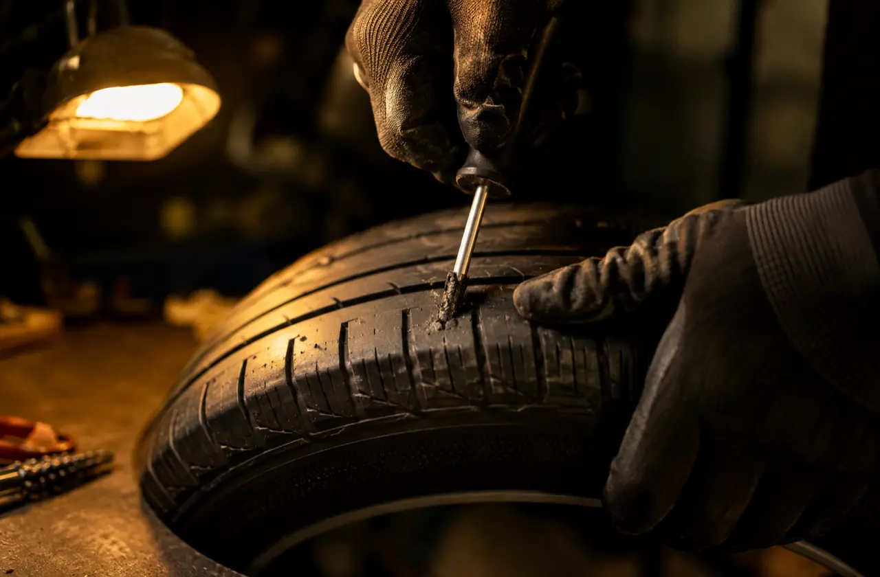 Puncture repair being carried out on a car tyre at Prime Tyres Bolton