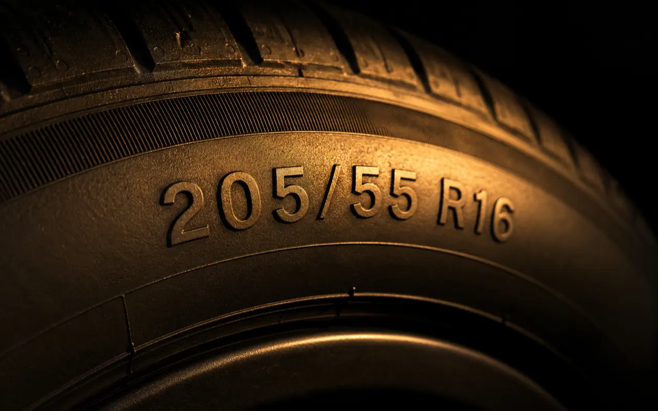 Close-up of a tyre sidewall with the size markings 205/55 R16 highlighted