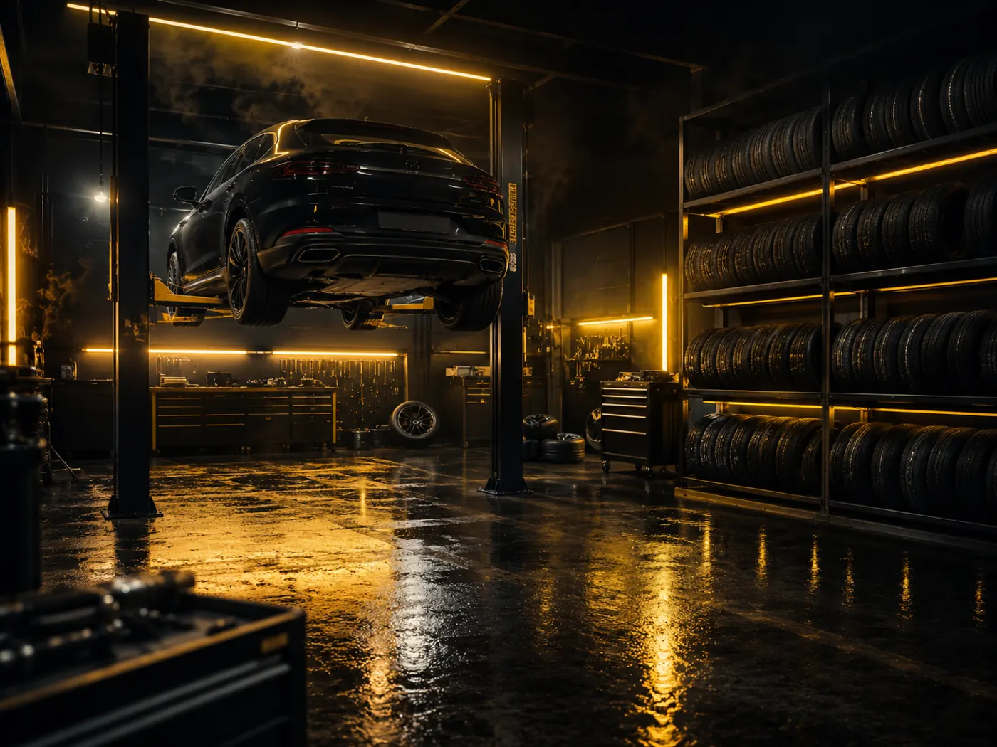 Inside the Prime Tyres Bolton workshop with a car on the ramp and tyre racks